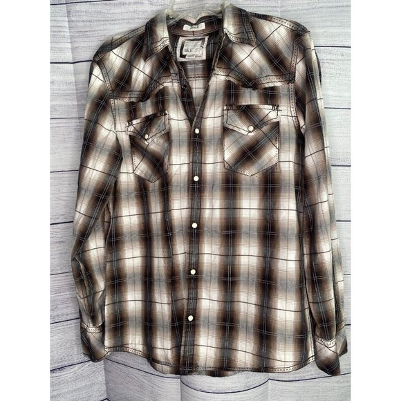 Men's BKE brown plaid snap button down long sleeve‎ size medium - Picture 1 of 3